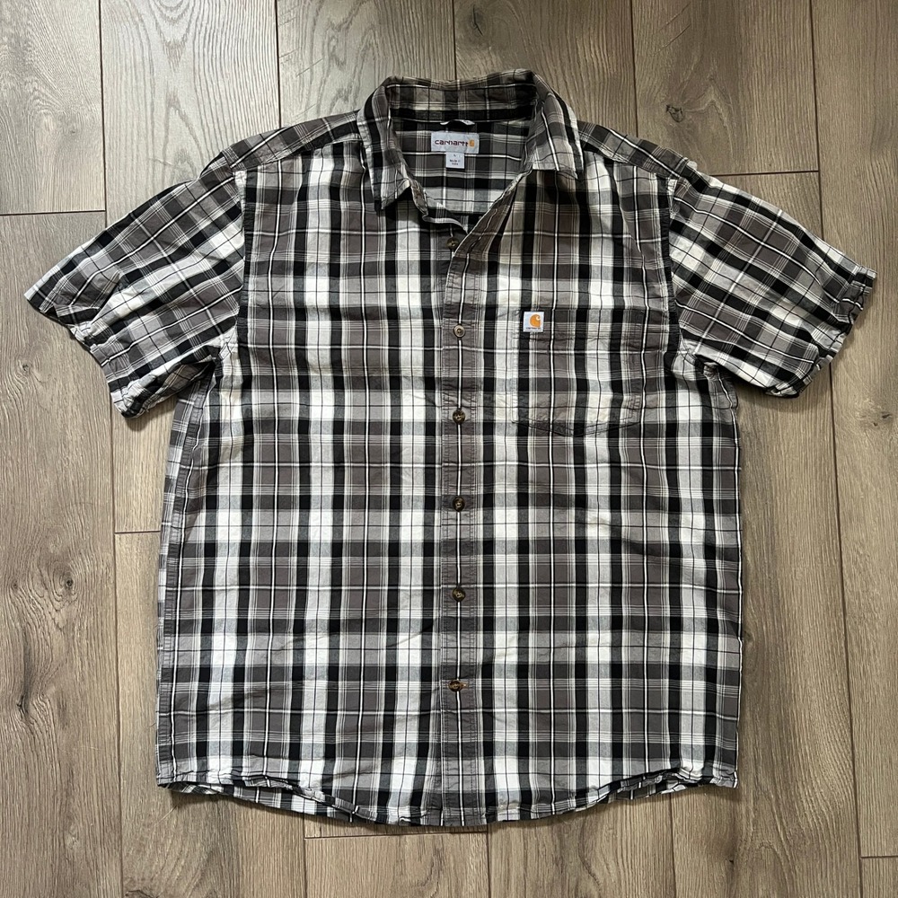 Carhartt Mens Relaxed Fit Plaid Short Sleeve Button Up Shirt Black Grey Large